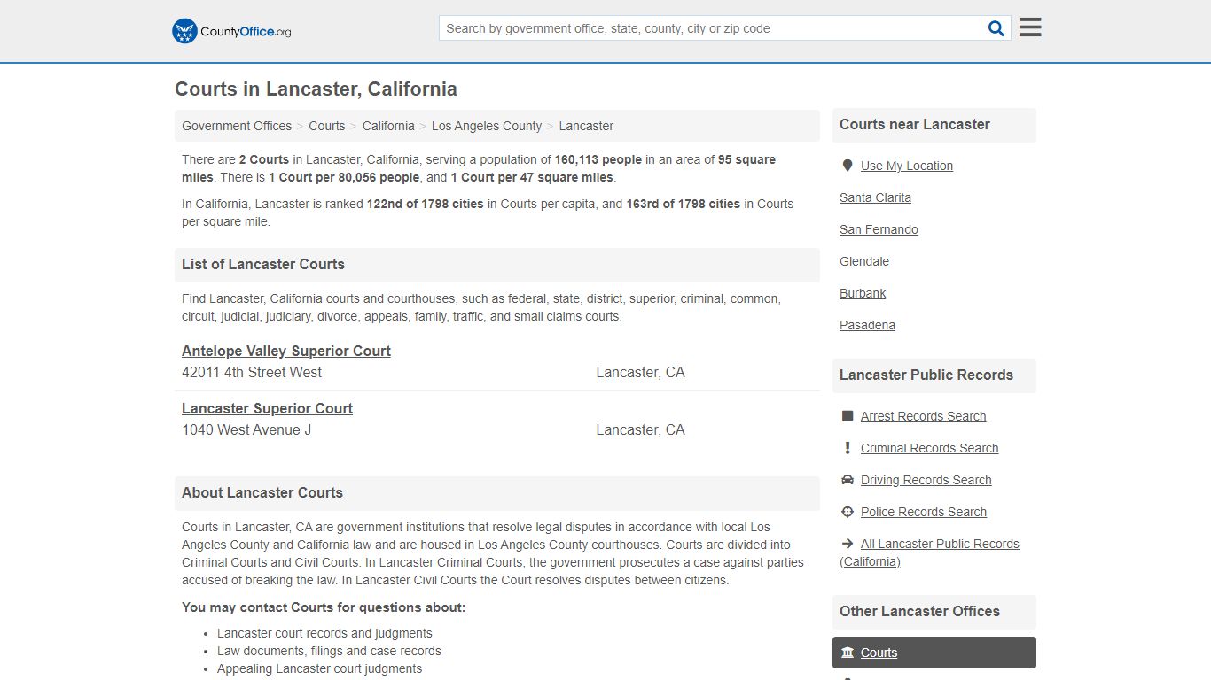 Courts - Lancaster, CA (Court Records & Calendars) - County Office